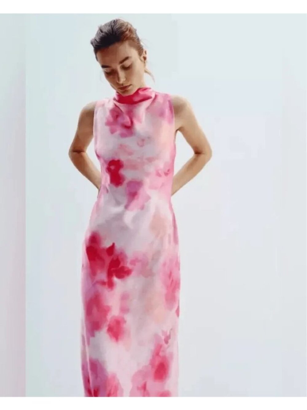 Zara Womens Midi Dress Sz M Pink Printed Satin Effect Tie Dye  2978/357 NWT